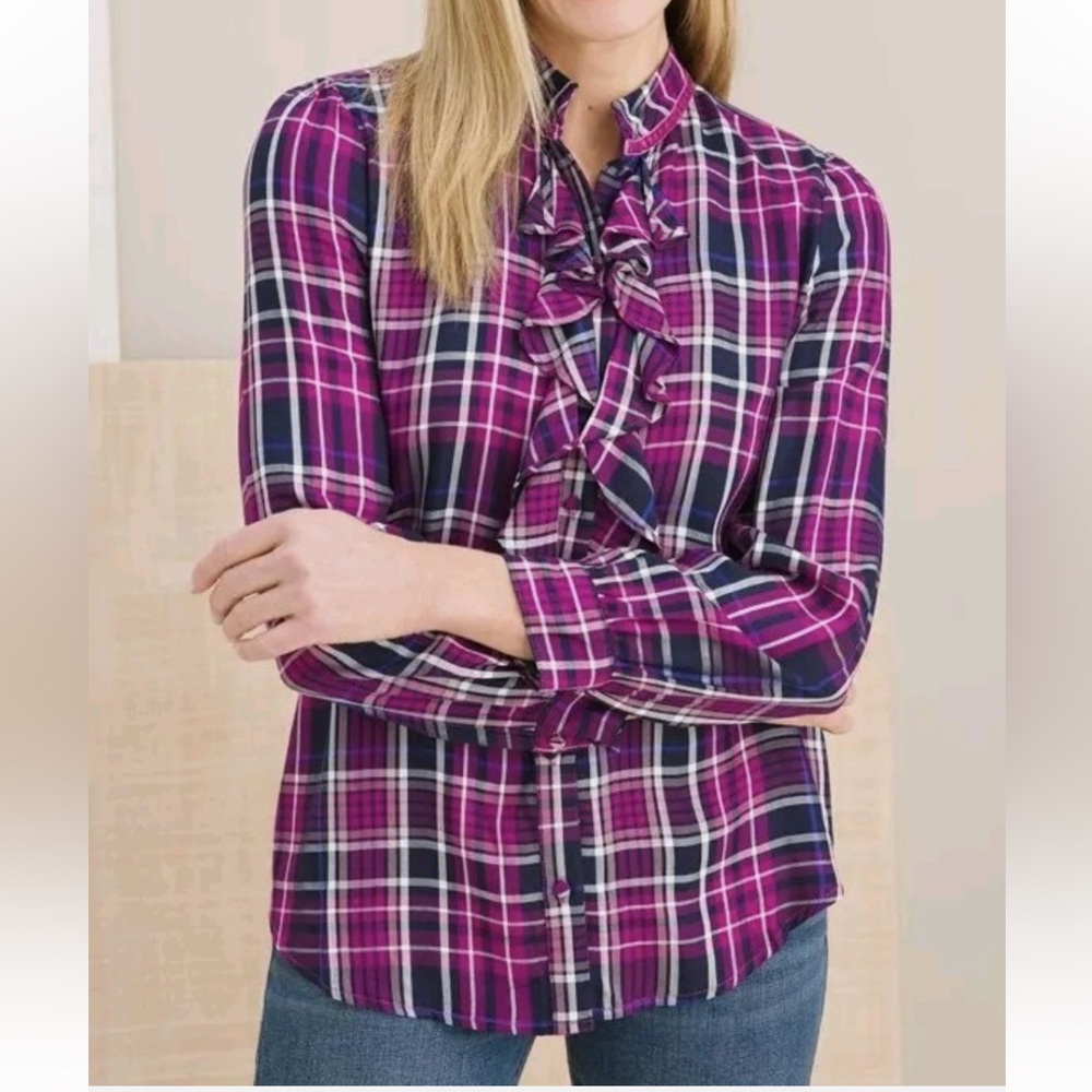 Chico's Purple & Ink Plaid Ruffle Button Front Long Sleeve Blouse Size XXL